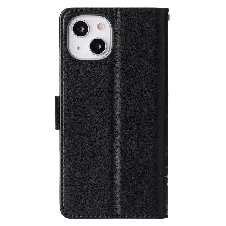 For iPhone 15 Plus PU Leather Wallet Cover Cell Phone Case Imprinted Butterflies Shell Stand with Strap - Black
