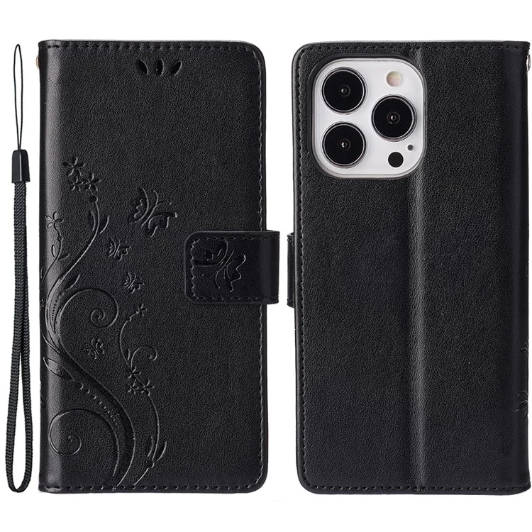 For iPhone 15 Pro Phone Protector Shell Imprinted Butterflies PU Leather Wallet Stand Cover with Strap - Black