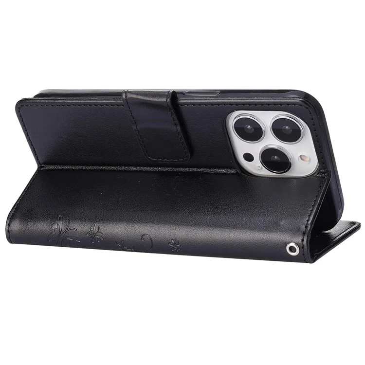 For iPhone 15 Pro Phone Protector Shell Imprinted Butterflies PU Leather Wallet Stand Cover with Strap - Black