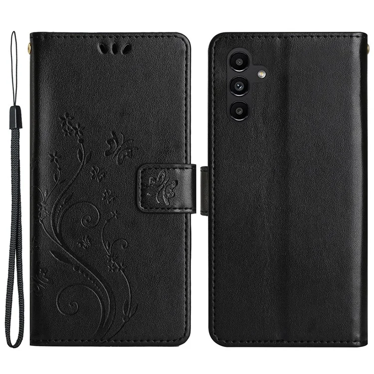 Para Samsung Galaxy S23 FE Imprinted Butterflies Mobile Phone Case PU Leather Wallet Cover Stand with Strap - Negro