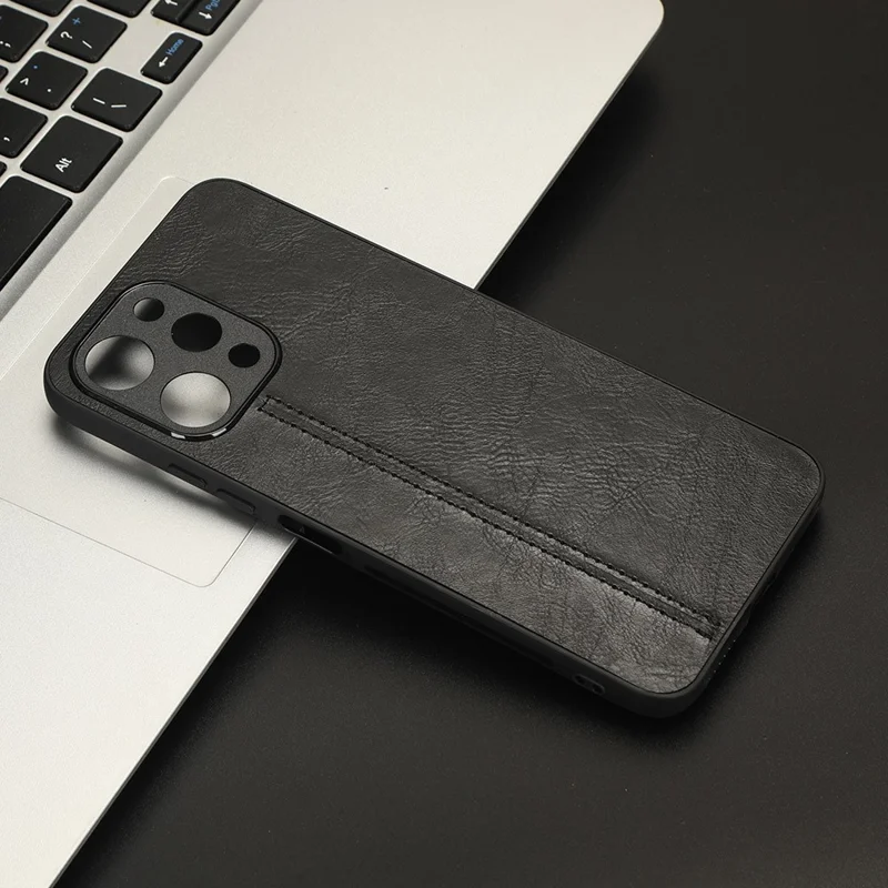 Capa de Telefone para Xiaomi Redmi 12 4G, Linha de Costura à Prova de Queda Revestida em Couro PU PC+TPU Back Case - Preto
