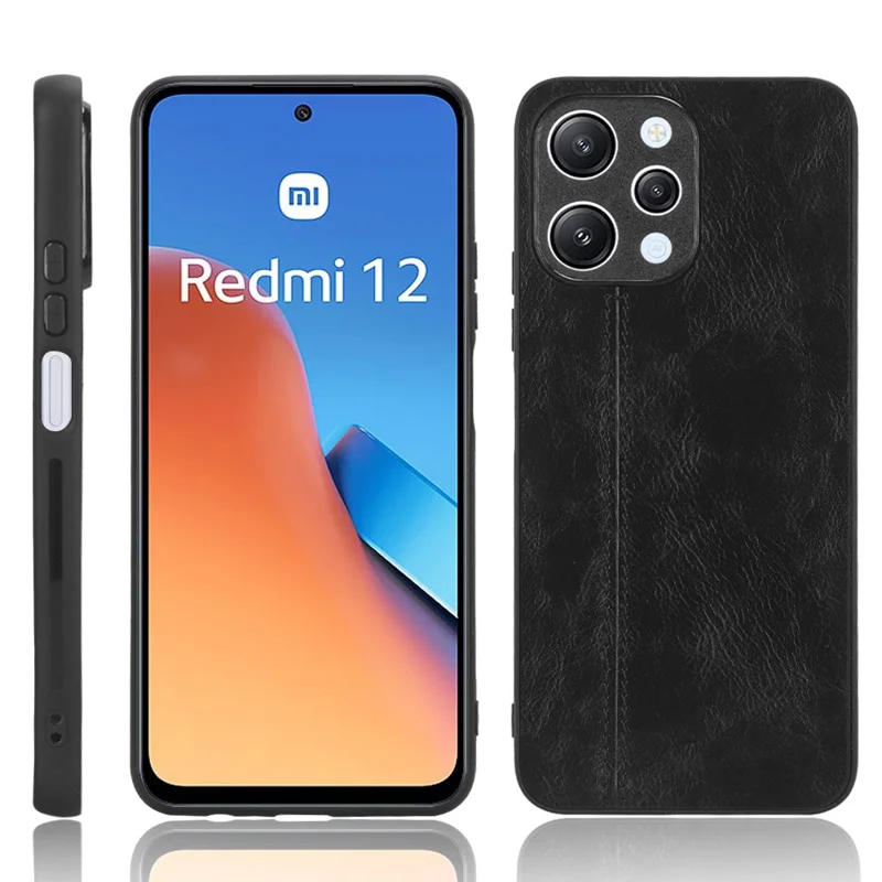 Capa de Telefone para Xiaomi Redmi 12 4G, Linha de Costura à Prova de Queda Revestida em Couro PU PC+TPU Back Case - Preto