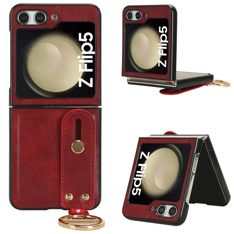 For Samsung Galaxy Z Flip5 5G Wristband Kickstand Phone Case PU Leather Coated PC+TPU Cover with Bottle Opener - Red