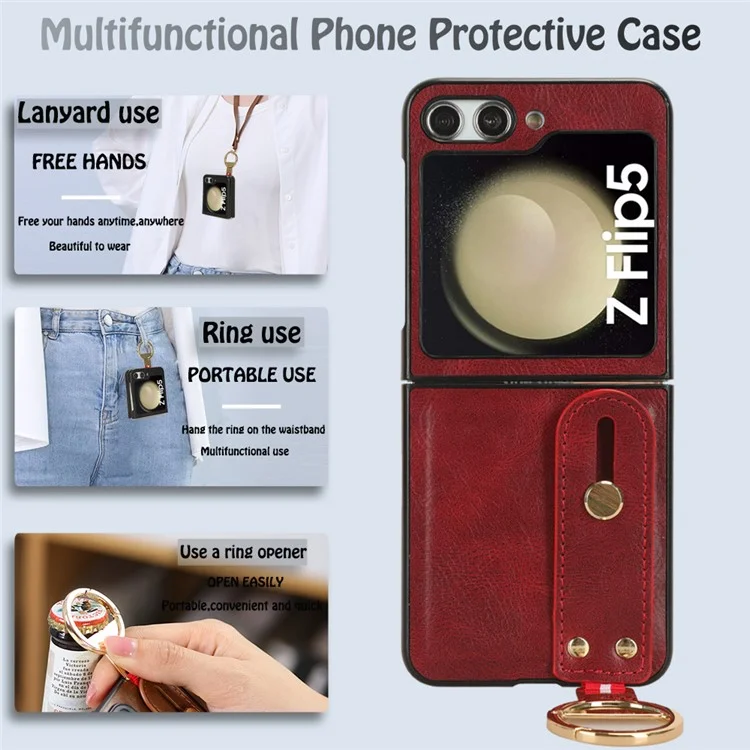 For Samsung Galaxy Z Flip5 5G Wristband Kickstand Phone Case PU Leather Coated PC+TPU Cover with Bottle Opener - Red