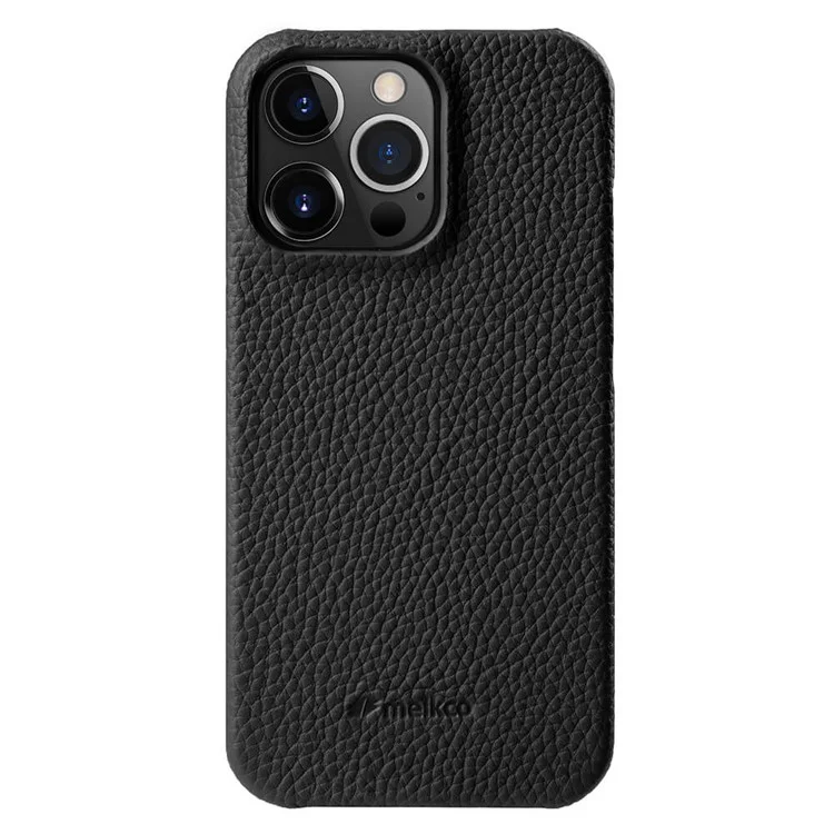 MELKCO Para iPhone 14 Pro Max Funda de Cuero Genuino de Vaca Revestida de PC Carcasa Trasera Forro de Microfibra Suave Cubierta Incompleta para Teléfono - Negro