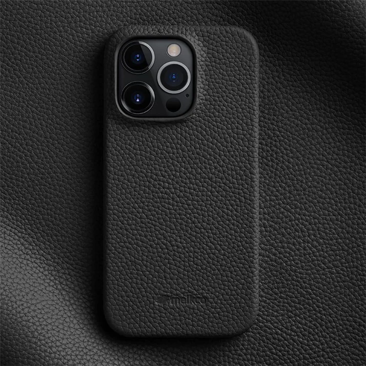 MELKCO Para iPhone 14 Pro Max Funda de Cuero Genuino de Vaca Revestida de PC Carcasa Trasera Forro de Microfibra Suave Cubierta Incompleta para Teléfono - Negro