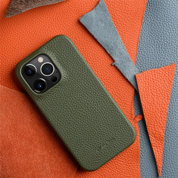 MELKCO Para iPhone 14 Pro Max Funda de Cuero Genuino de Vaca Revestida de PC Carcasa Trasera Forro de Microfibra Suave Cubierta Incompleta para Teléfono - Negro