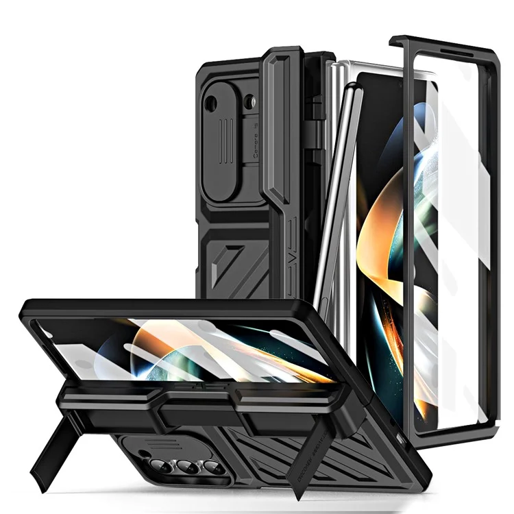 Per Samsung Galaxy Z Fold5 5G Slide Camera Protection Phone Case Hard PC Kickstand Cover with Tempered Glass Film / Stylus - Nero