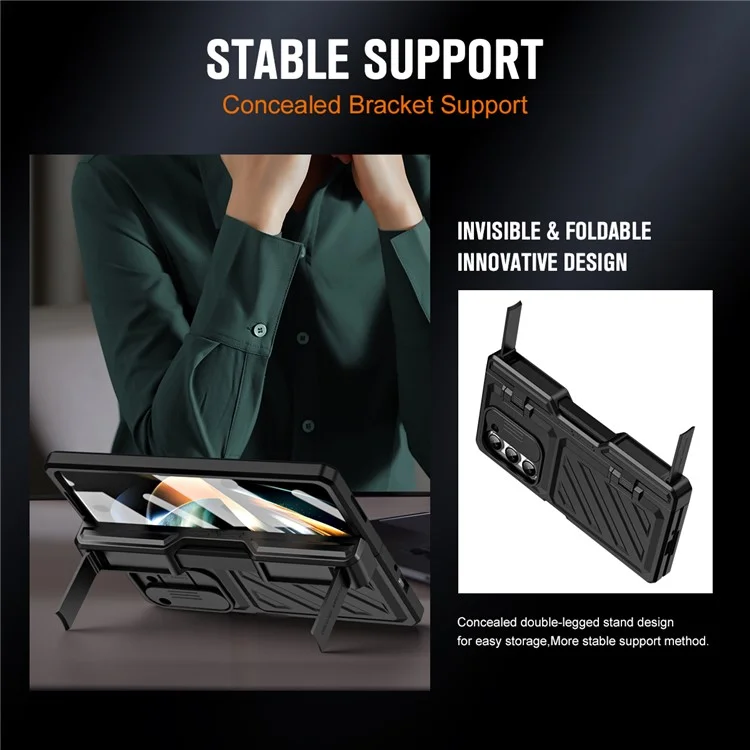 Per Samsung Galaxy Z Fold5 5G Slide Camera Protection Phone Case Hard PC Kickstand Cover with Tempered Glass Film / Stylus - Nero