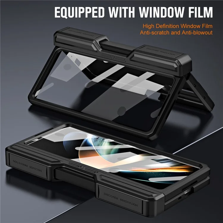 Per Samsung Galaxy Z Fold5 5G Slide Camera Protection Phone Case Hard PC Kickstand Cover with Tempered Glass Film / Stylus - Nero