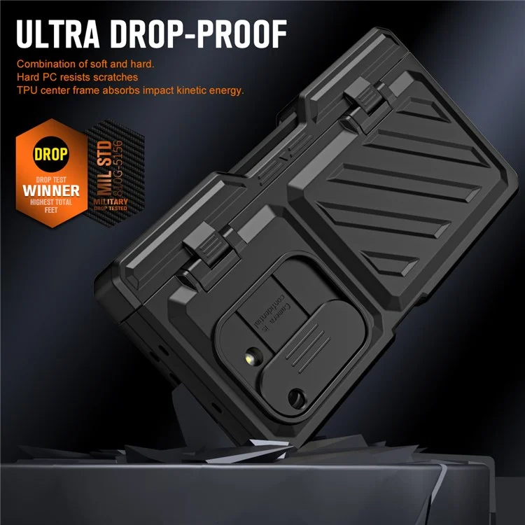 Per Samsung Galaxy Z Fold5 5G Slide Camera Protection Phone Case Hard PC Kickstand Cover with Tempered Glass Film / Stylus - Nero