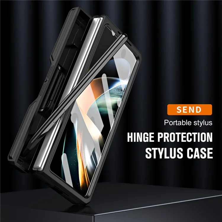Per Samsung Galaxy Z Fold5 5G Slide Camera Protection Phone Case Hard PC Kickstand Cover with Tempered Glass Film / Stylus - Nero