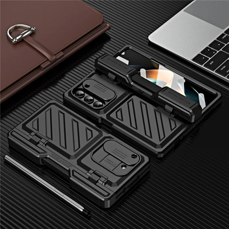 Per Samsung Galaxy Z Fold5 5G Slide Camera Protection Phone Case Hard PC Kickstand Cover with Tempered Glass Film / Stylus - Nero
