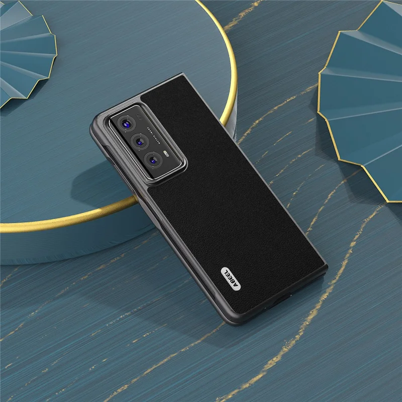 ABEEL For Honor Magic V2 5G Genuine Cow Leather Coated PC Phone Case Litchi Texture Phone Case - Black