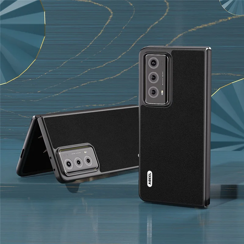 ABEEL For Honor Magic V2 5G Genuine Cow Leather Coated PC Phone Case Litchi Texture Phone Case - Black