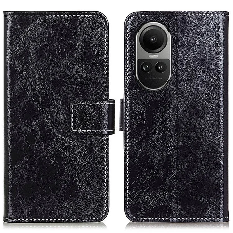 Funda de teléfono Flip para Oppo Reno10 Pro 5G (Global) / Reno10 5G (Global), Funda de cuero de PU retro con textura de caballo loco, Funda protectora de teléfono con soporte - Negro
