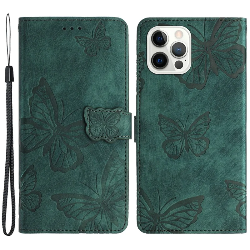 Ständercover für iPhone 15 Pro bedrucktes Schmetterlingsmobiltelefongehäuse-Skin-Touch-PU-Leder-Brieftasche mit Gurt - Grün