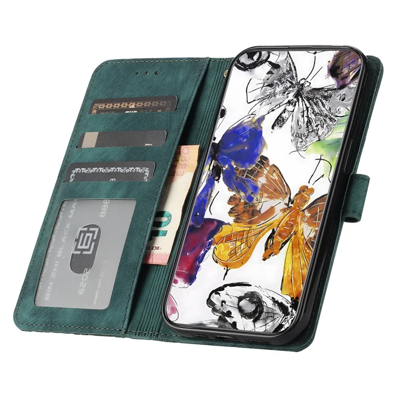 Ständercover für iPhone 15 Pro bedrucktes Schmetterlingsmobiltelefongehäuse-Skin-Touch-PU-Leder-Brieftasche mit Gurt - Grün