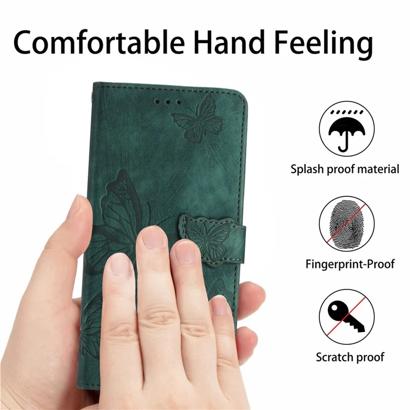 Ständercover für iPhone 15 Pro bedrucktes Schmetterlingsmobiltelefongehäuse-Skin-Touch-PU-Leder-Brieftasche mit Gurt - Grün