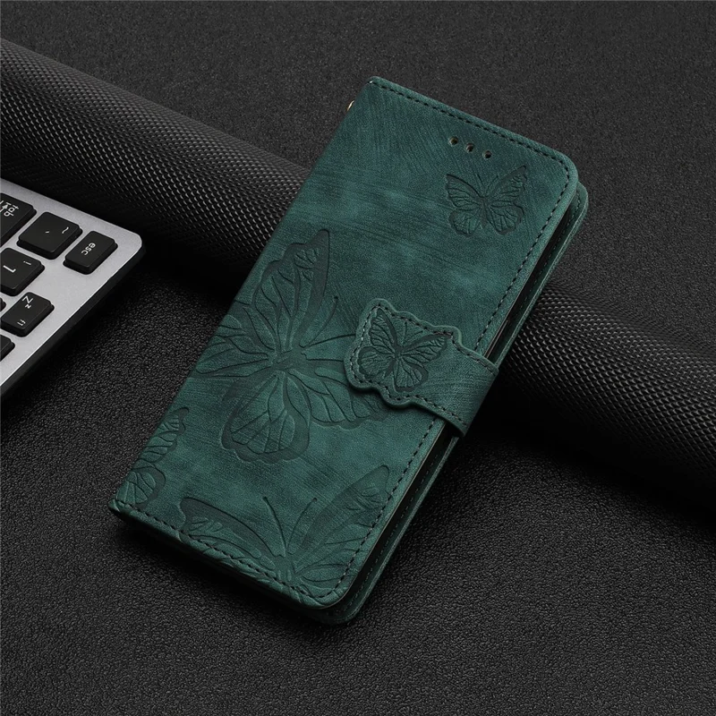 Ständercover für iPhone 15 Pro bedrucktes Schmetterlingsmobiltelefongehäuse-Skin-Touch-PU-Leder-Brieftasche mit Gurt - Grün