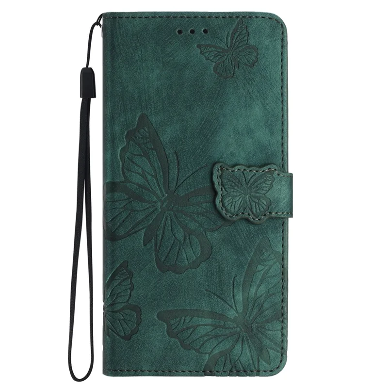 Ständercover für iPhone 15 Pro bedrucktes Schmetterlingsmobiltelefongehäuse-Skin-Touch-PU-Leder-Brieftasche mit Gurt - Grün