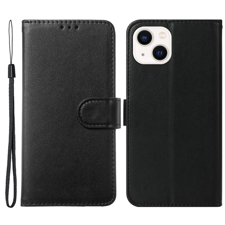 Flip Stand Shell para iPhone 15 Plus Solid Color PU Leather Wallet Cover Phone Case - Preto