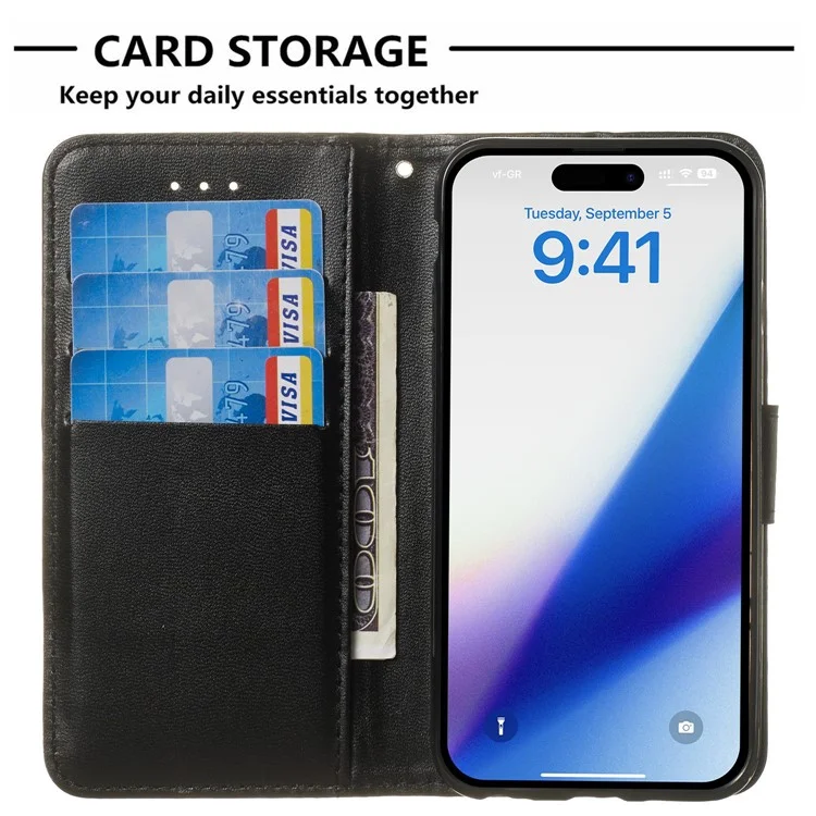 Flip Stand Shell para iPhone 15 Plus Solid Color PU Leather Wallet Cover Phone Case - Preto