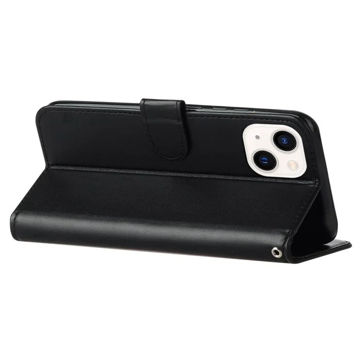 Flip Stand Shell para iPhone 15 Plus Solid Color PU Leather Wallet Cover Phone Case - Preto