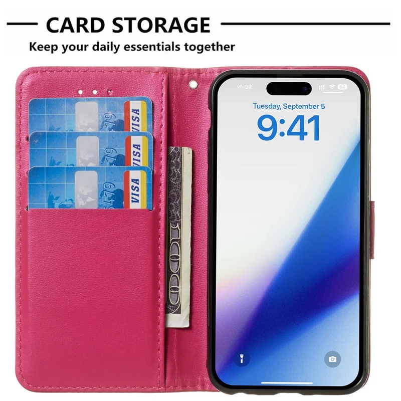 Étui portefeuille en cuir PU de couleur unie pour iPhone 15 Plus - Rose