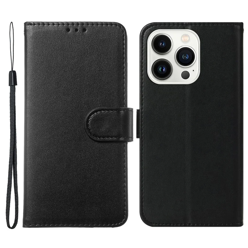 Pour iPhone 15 Pro Solid Color PU Leather Wallet Cover Anti-scratch Flip Stand Phone Case - Noir