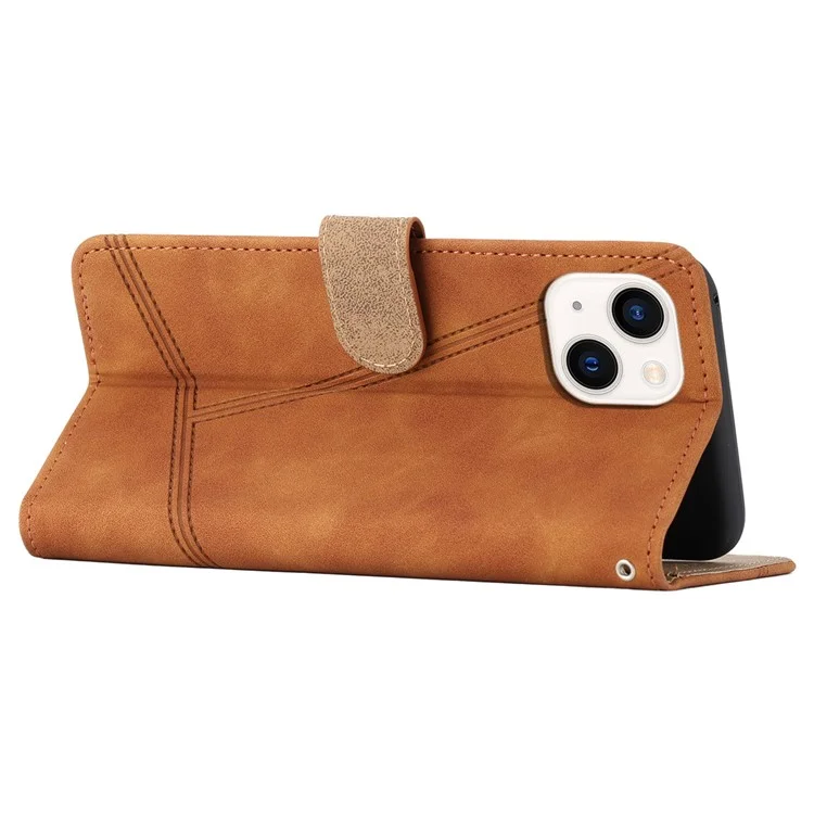Funda de cartera con líneas de contacto táctil impresas para iPhone 15 Plus, de cuero PU retro con soporte - Marrón