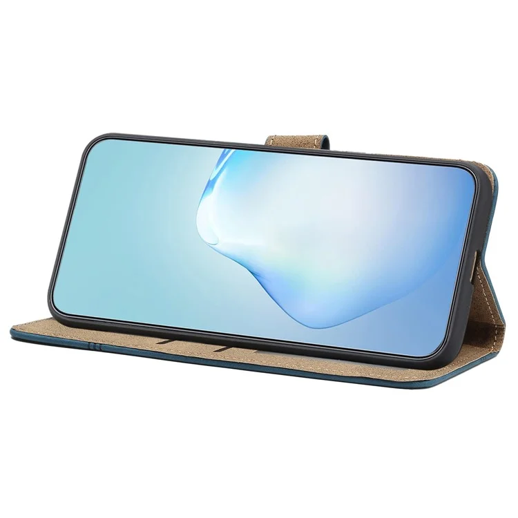 For iPhone 15 Skin-touch Lines Imprinted Phone Case Retro Wallet PU Leather Cover with Stand - Blue