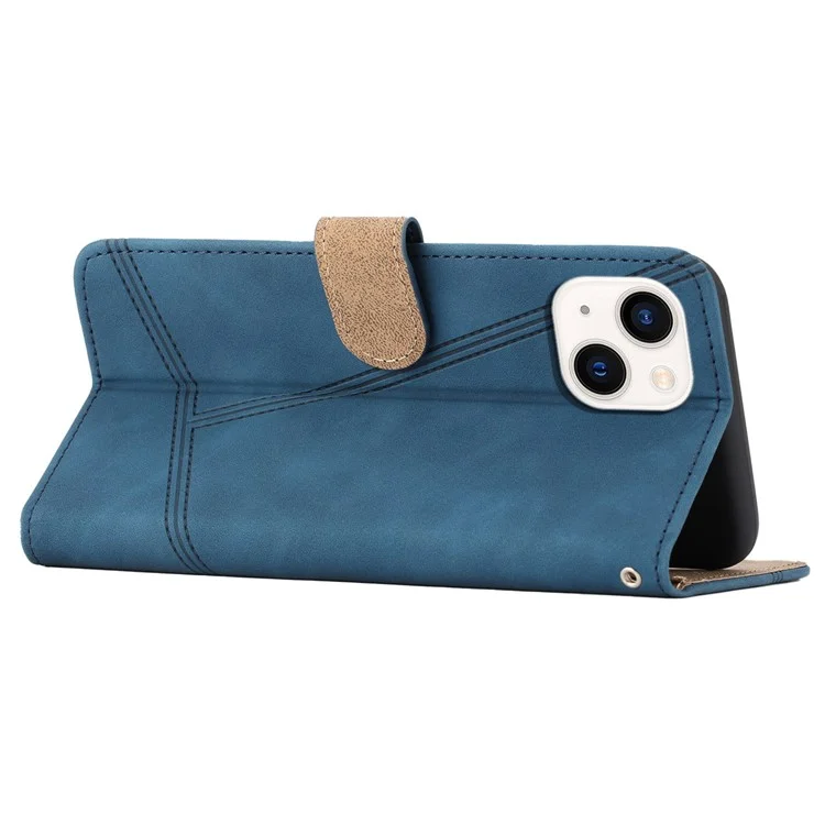 For iPhone 15 Skin-touch Lines Imprinted Phone Case Retro Wallet PU Leather Cover with Stand - Blue