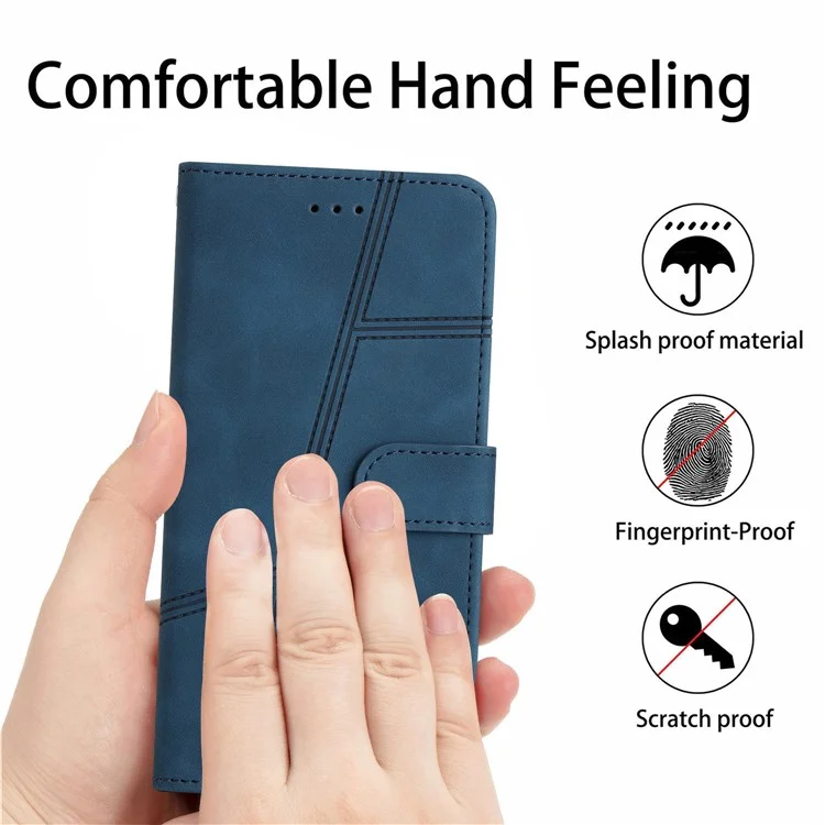 For iPhone 15 Skin-touch Lines Imprinted Phone Case Retro Wallet PU Leather Cover with Stand - Blue