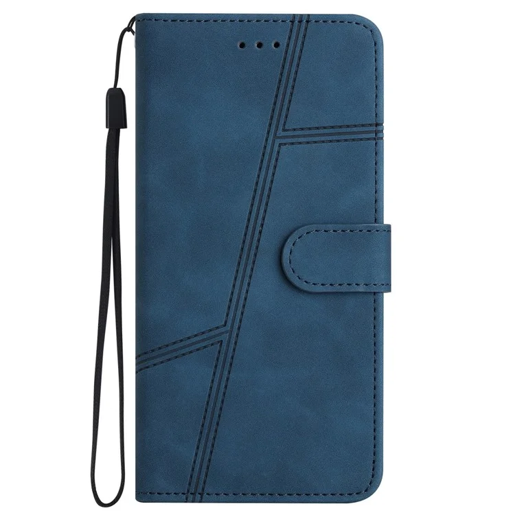 For iPhone 15 Skin-touch Lines Imprinted Phone Case Retro Wallet PU Leather Cover with Stand - Blue