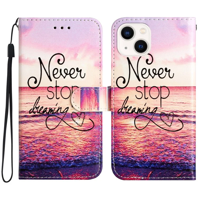 For iPhone 15 Plus PU Leather Wallet Case Pattern Printing Stand Protective Phone Cover - Never Stop Dreaming