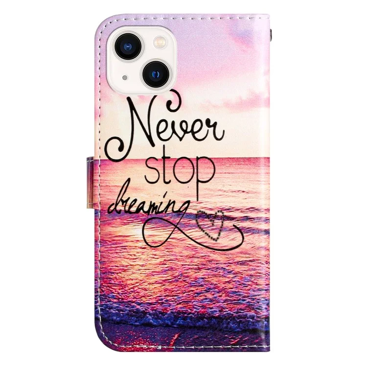 For iPhone 15 Plus PU Leather Wallet Case Pattern Printing Stand Protective Phone Cover - Never Stop Dreaming