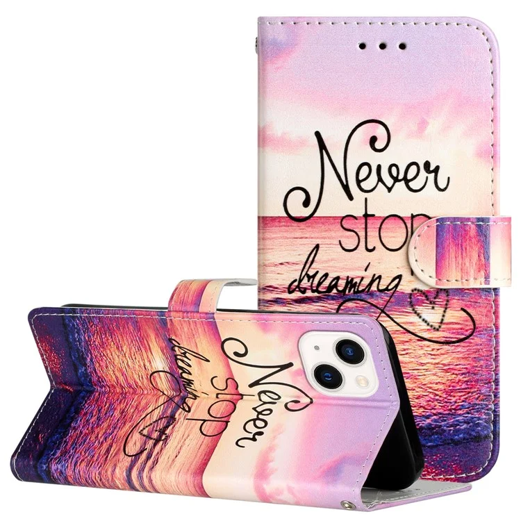 For iPhone 15 Plus PU Leather Wallet Case Pattern Printing Stand Protective Phone Cover - Never Stop Dreaming