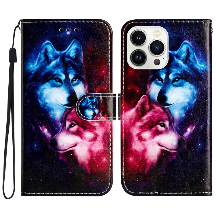 For iPhone 15 Pro Full Protection Phone Leather Case Pattern Printing Stand Wallet Cover - Couple Wolf