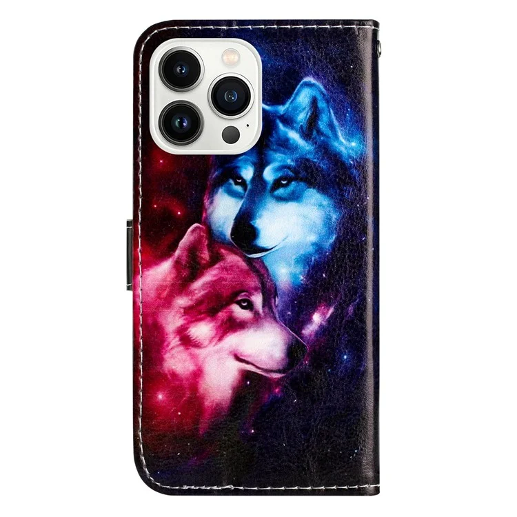 For iPhone 15 Pro Full Protection Phone Leather Case Pattern Printing Stand Wallet Cover - Couple Wolf