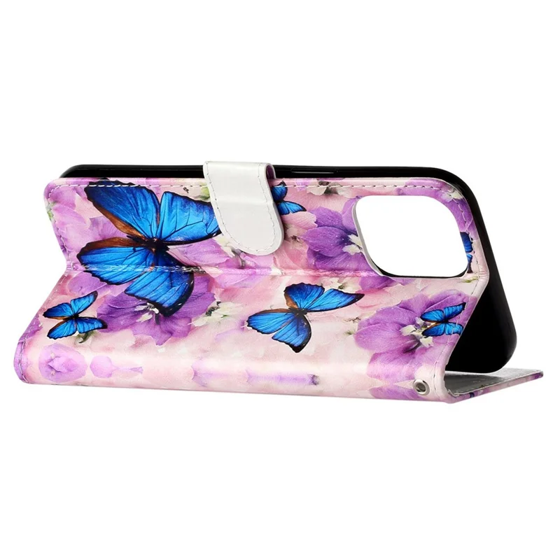 Leather Wallet Case for iPhone 15 Pro , Pattern Printing Stand Cell Phone Cover - Purple Flower Butterfly