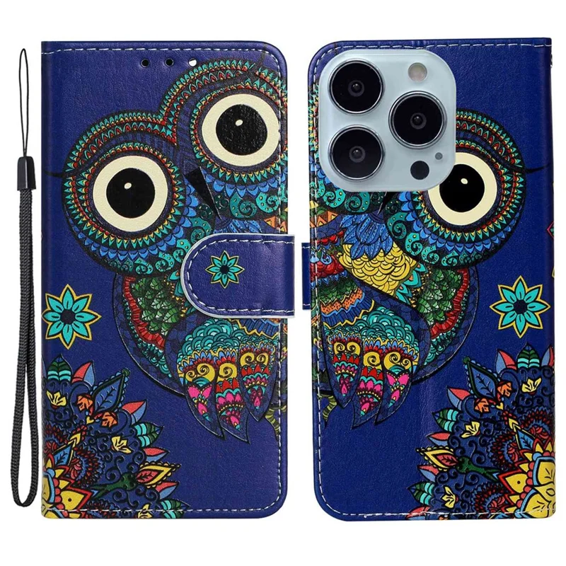 Leather Wallet Case for iPhone 15 Pro , Pattern Printing Stand Cell Phone Cover - Blue Owl