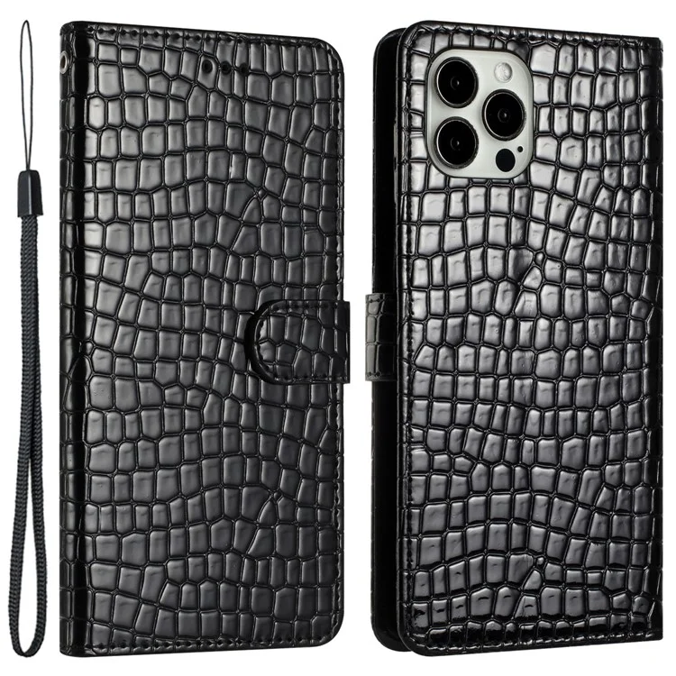 Pour iPhone 15 Pro Crocodile Texture Shockproof Wallet Leather Flip Phone Case Stand Cover avec Sangle - Noir