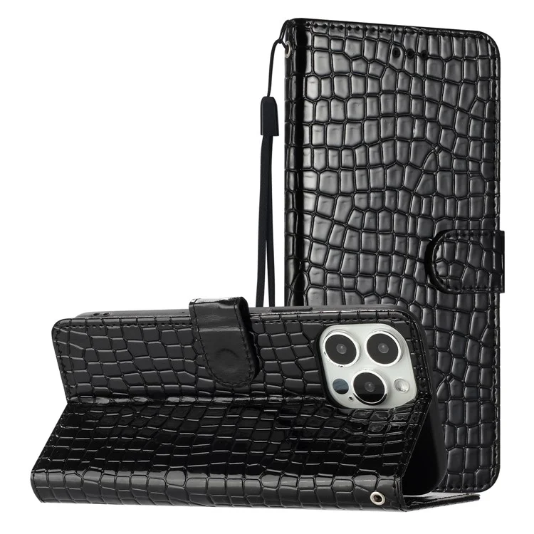 Pour iPhone 15 Pro Crocodile Texture Shockproof Wallet Leather Flip Phone Case Stand Cover avec Sangle - Noir