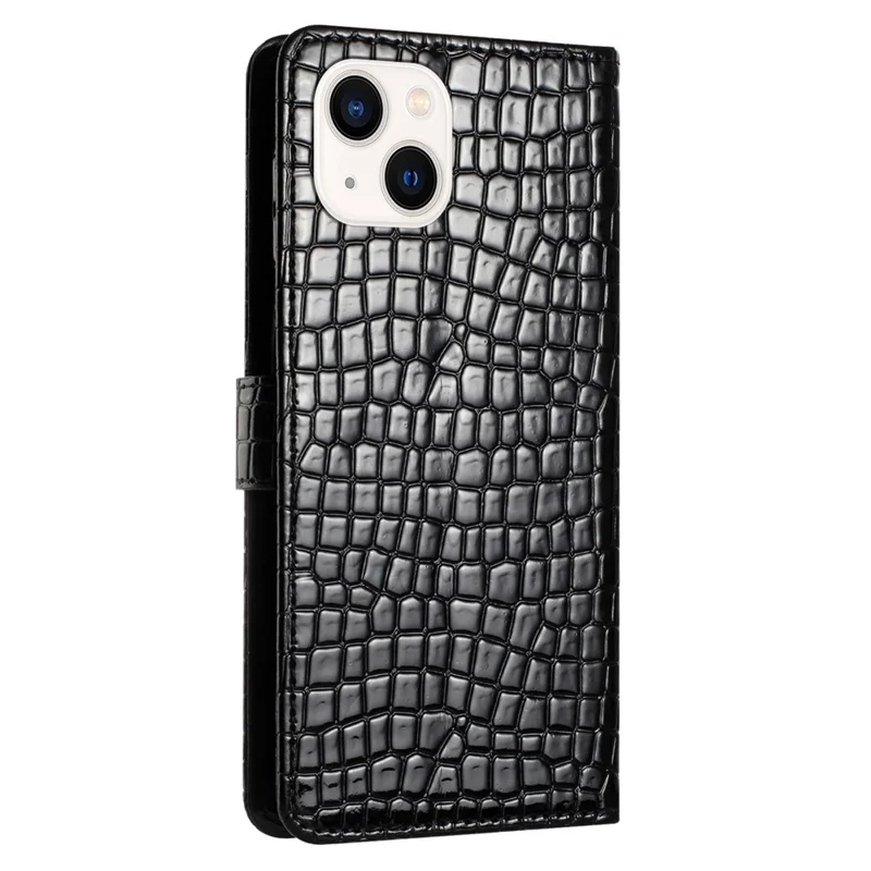 Para iPhone 15 Carteira de Couro PU Flip Phone Case Antichoque Textura de Crocodilo Capa de Suporte com Alça - Preto