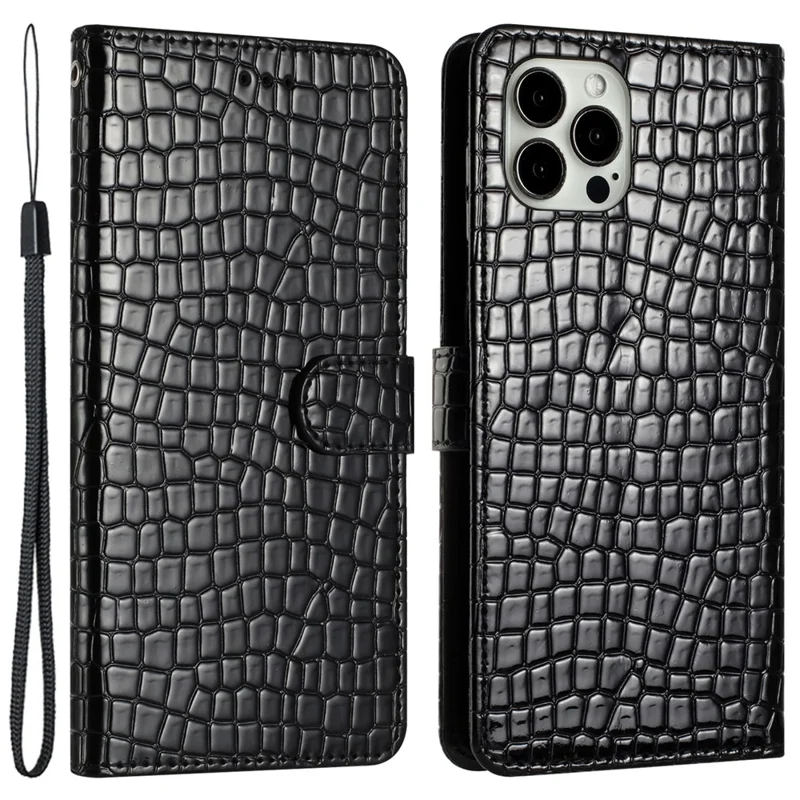 Para iPhone 15 Pro Max Anti-Impressão Digital Flip Phone Case Textura de Crocodilo Suporte Carteira Capa de Couro com Alça - Preto