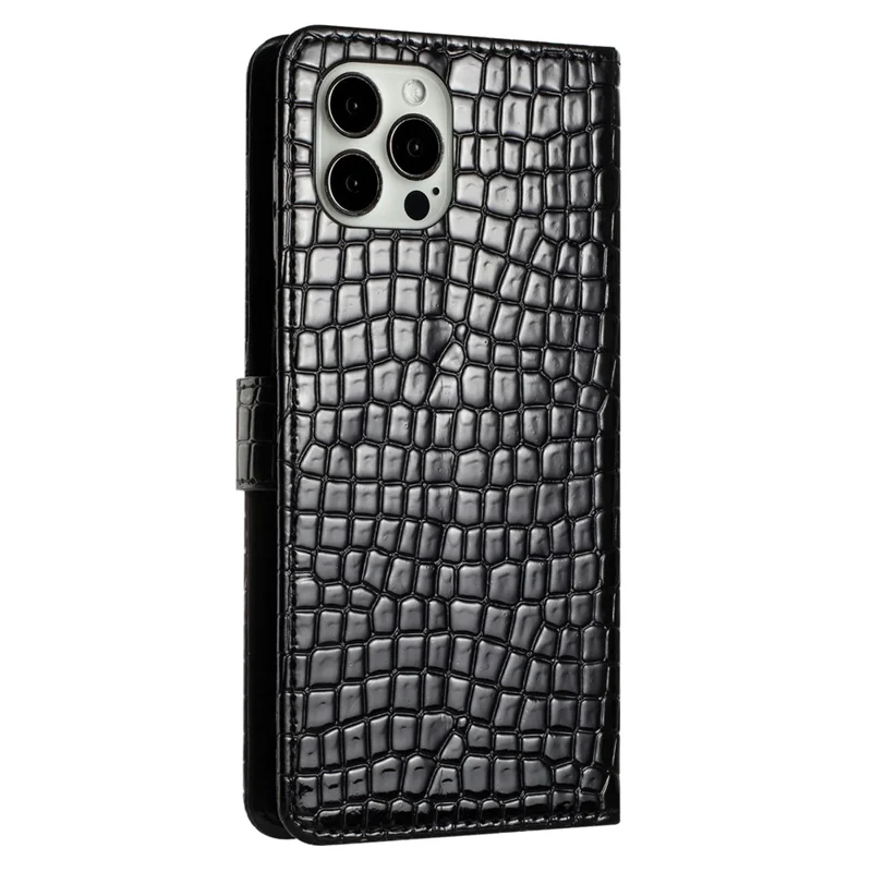 Para iPhone 15 Pro Max Anti-Impressão Digital Flip Phone Case Textura de Crocodilo Suporte Carteira Capa de Couro com Alça - Preto