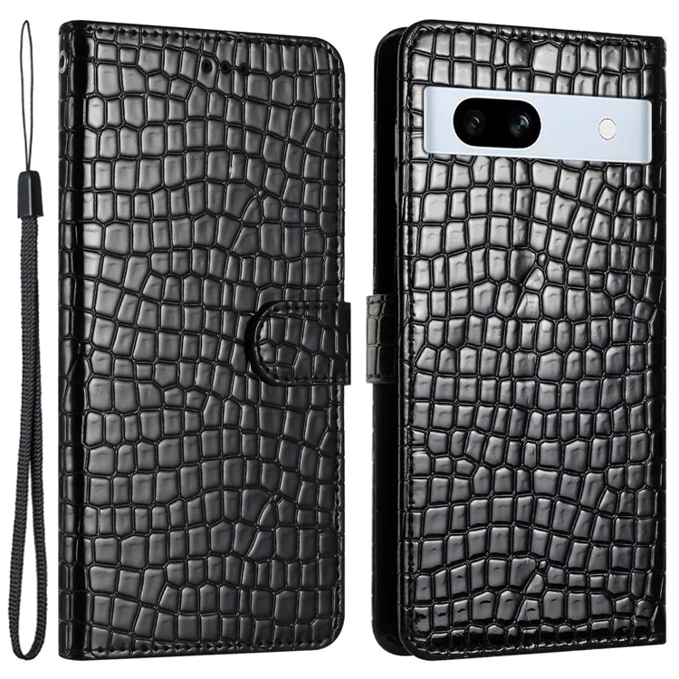 For Google Pixel 7a Crocodile Texture Leather Viewing Stand Cover Wallet Design Phone Case with Strap - Black