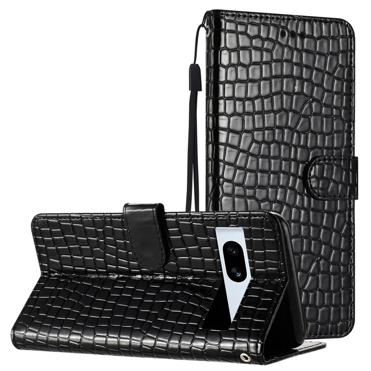 For Google Pixel 7a Crocodile Texture Leather Viewing Stand Cover Wallet Design Phone Case with Strap - Black