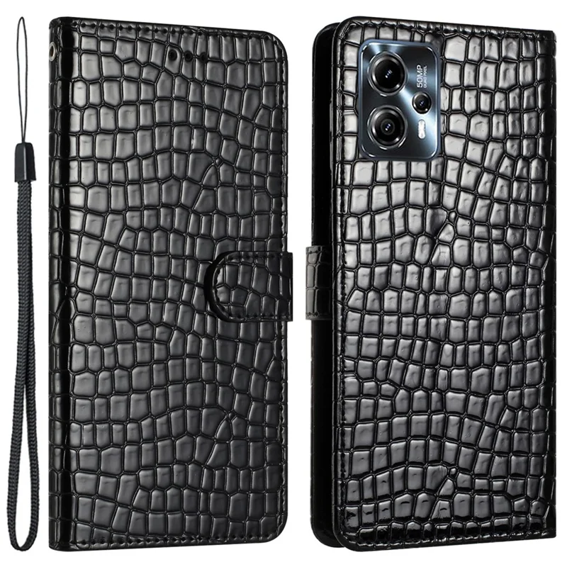 غطاء جلد بتصميم تمساح مع حامل ووظيفة محفظة لهاتف Motorola Moto G13 4G مقاوم للسقوط مع حزام - أسود